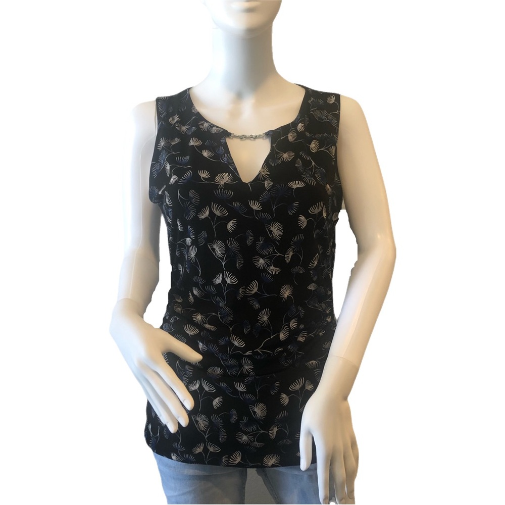WHITE‎ HOUSE BLACK MARKET Small Blouse Black Blue White Floral Sleeveless Classy